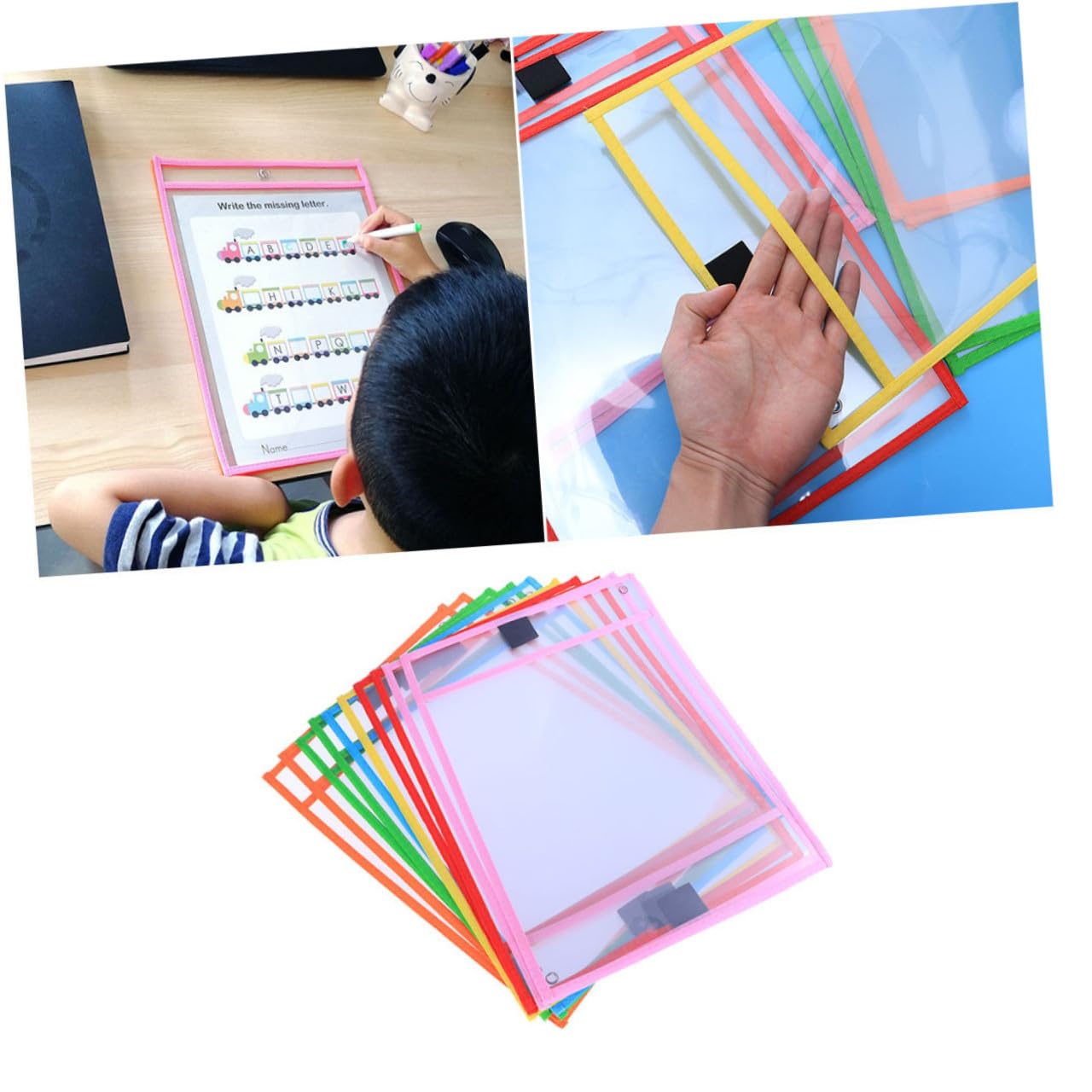 Tofficu 24pezzi Riutilizzabili Cancellabili Secco in Pvc Trasparente con Portapenne e Occhiello Metallico Articoli di Cancelleria per Ufficio e Scuola