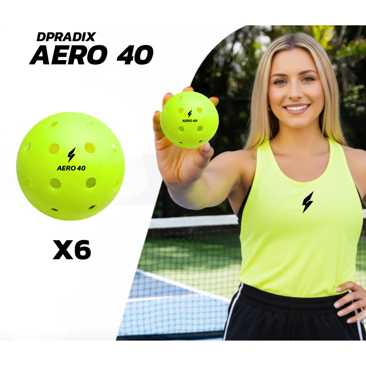 Bolas de Pickleball Dpradix AERO 40 - Pack 6 Pelotas Amarillo Neón, Marca Española, Alta Visibilidad, 40 Agujeros, 74 mm, Peso Óptimo 26g, Alta Durabilidad, Rebote Consistente, Uso Exterior e Interior