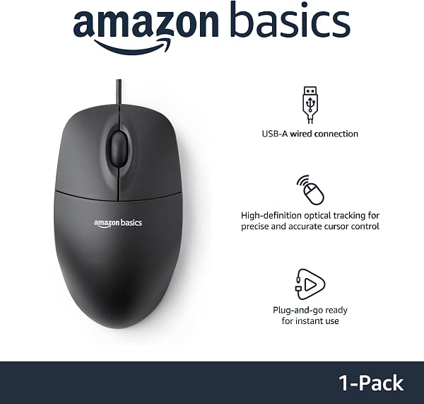 Close-up of the Amazon Basics 3-Button USB Wired Computer Mouse, highlighting its ambidextrous, black design and wired connection.