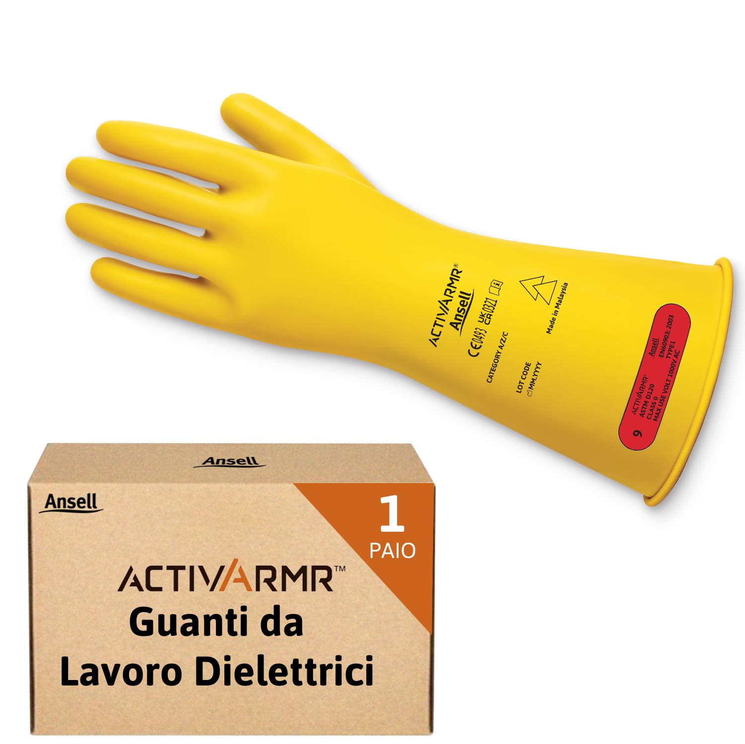 Ansell Guanti Elettrici Isolanti In Lattice, Classe 0 Bassa Tensione, Taglia L, Gialli, Lunghi 28 Cm