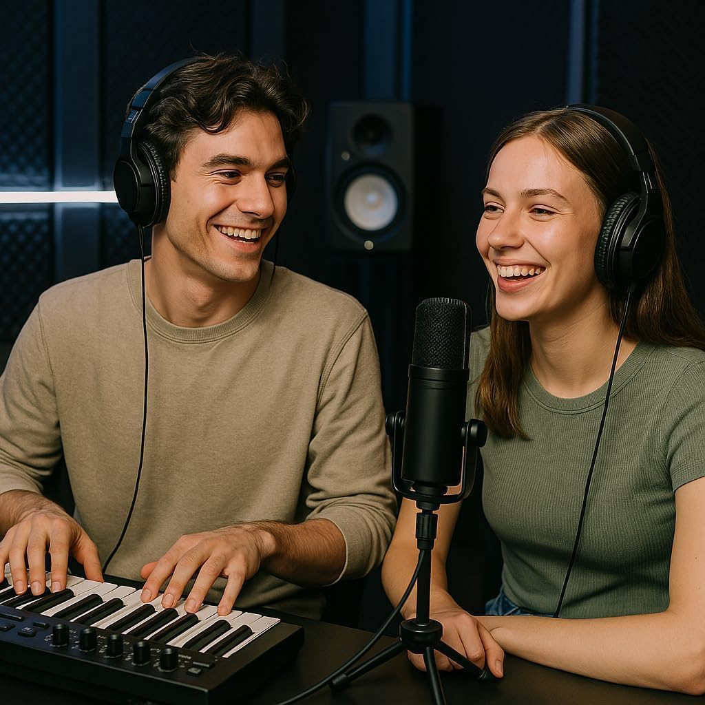 Two individuals wearing headphones, one playing a MIDI keyboard and the other speaking into a USB microphone, connected to a computer.