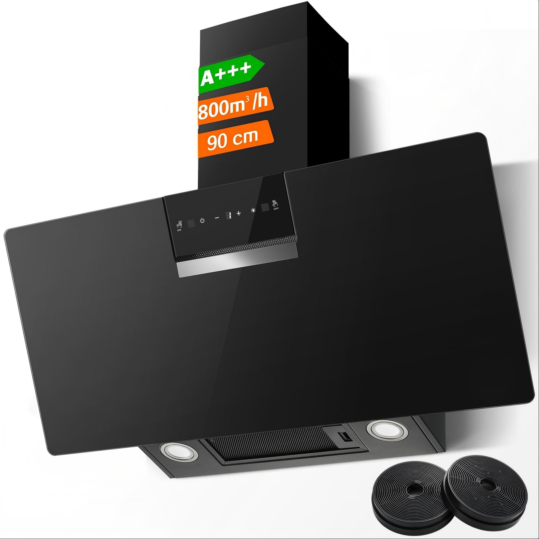 SNDOAS Campana Extractora 90 cm, 800 m³/h, Clase Energética A+++, 3 Velocidades + Modo Turbo, Panel Táctil, Gesture Control, Filtro de Carbono Activado, Recirculación/Extracción, Negro