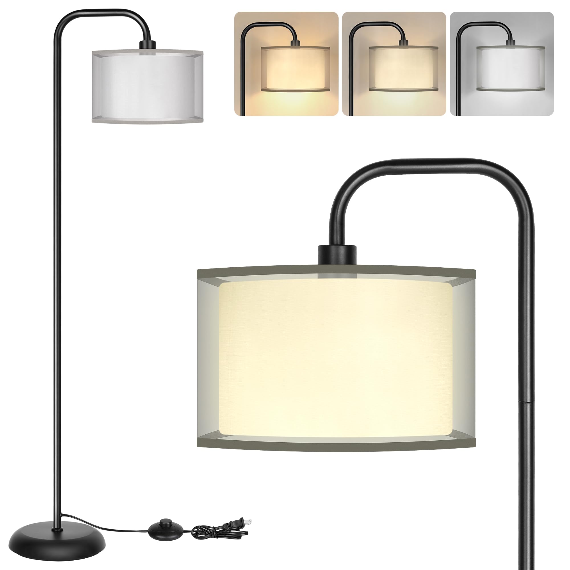 PARTPHONER LED Floor Lamp for Living Room, Modern Standing Lamp with Foot Switch Grey Organza Fabric Shade Tall Pole Reading Lamp for Bedroom Study Room Office, 9W Bulb Included