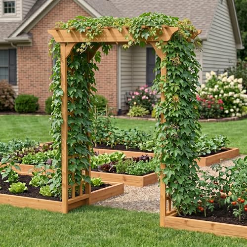 KEIKI Garden Wooden Arch Arbor Wedding Arbors Trellis for Climbing Plants Outdoor High Large Pathway Arched Arbors Pergola Pavilion for Lawn Party Ceremony Decor Easy Assembly Brown