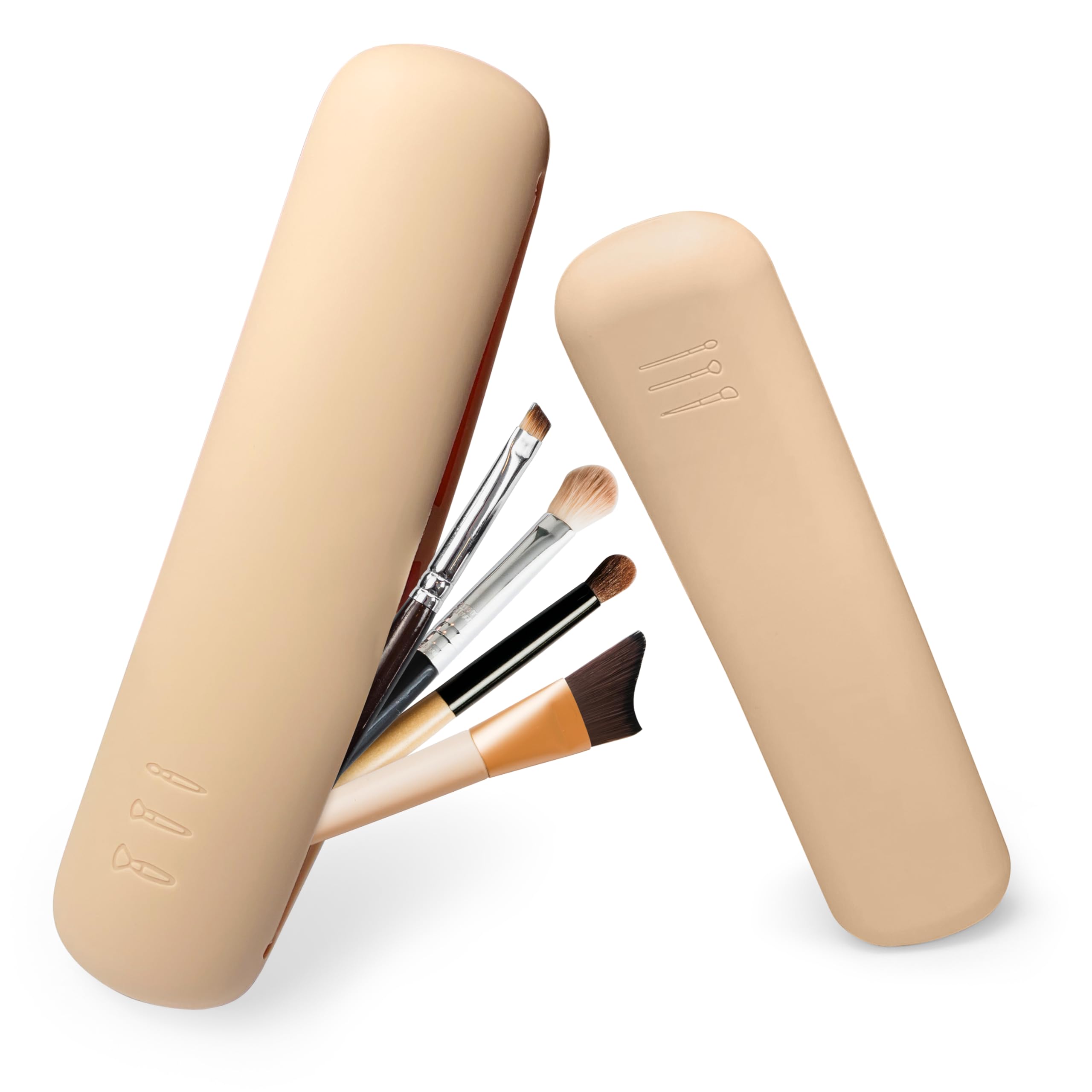 KING MOUNTAIN2pcs Travel Makeup Brush Holder, Silicone Makeup Brush Case, Makeup Brush Organizer, Cosmetic Brush Cover, Medium and Small Make Up Bag for Travel, Khaki