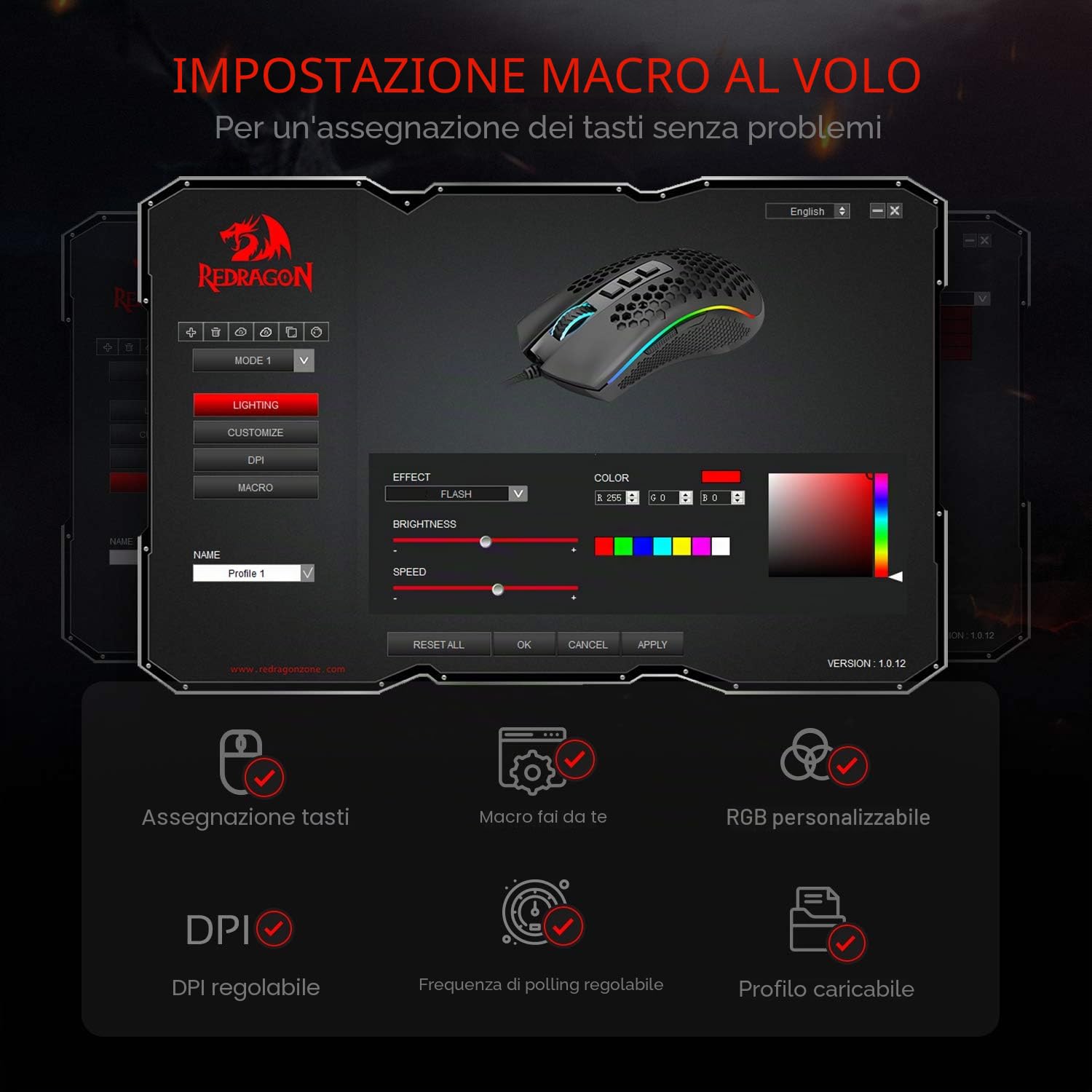 Redragon M808 Storm - Mouse da gioco RGB leggero, guscio a nido d'ape ultraleggero da 85 g - sensore ottico da 12.400 DPI - 7 pulsanti programmabili - registrazione precisa - cavo Super-Lite