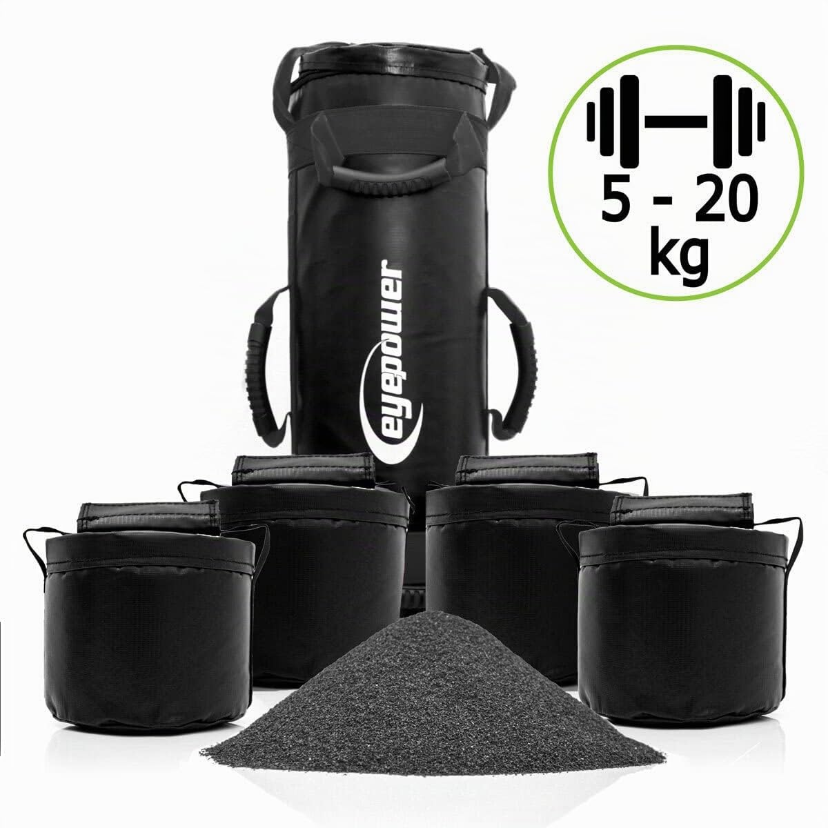 EYEPOWER 20kg Power Bag + 4 Pesi Kettlebell con Sabbia di Ferro - 6 Maniglie Fitness Sandbag per Allenamento Forza - 20x60 Borsa del Peso - Sand Bag per Sport in Casa - Attrezzi Palestra Box Squat