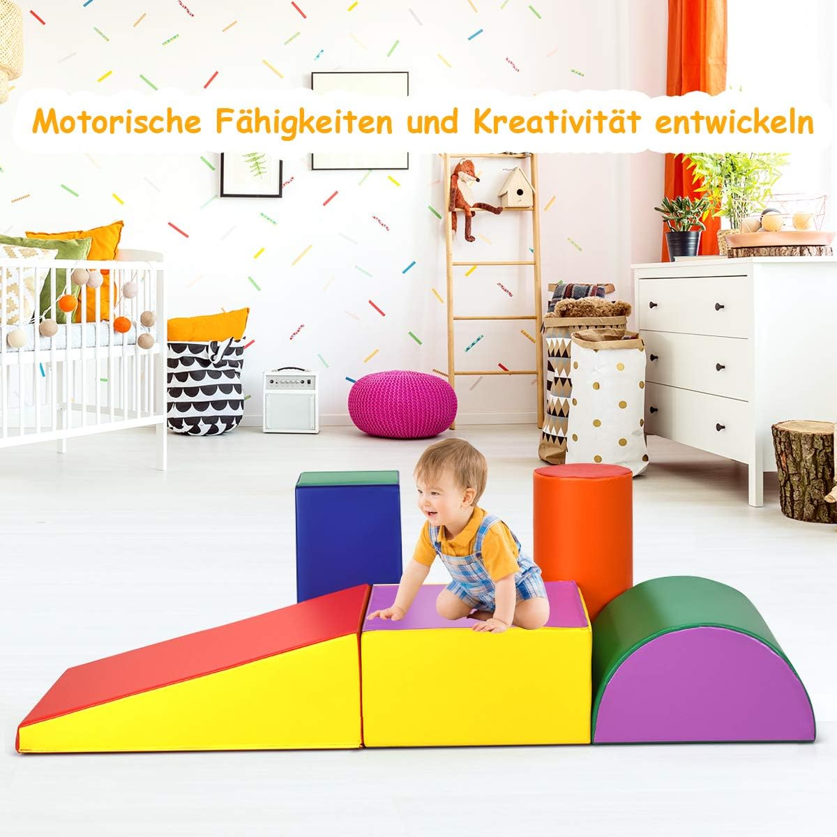 FANTASK Softbausteine, 5 TLG. Bauklötze zum Toben und Klettern, Großbausteine Mehrfarbig, Schaumstoffbausteine aus Schaumstoff, Riesenbausteine für Babys & Kleinkinder (Mehrfarbig)