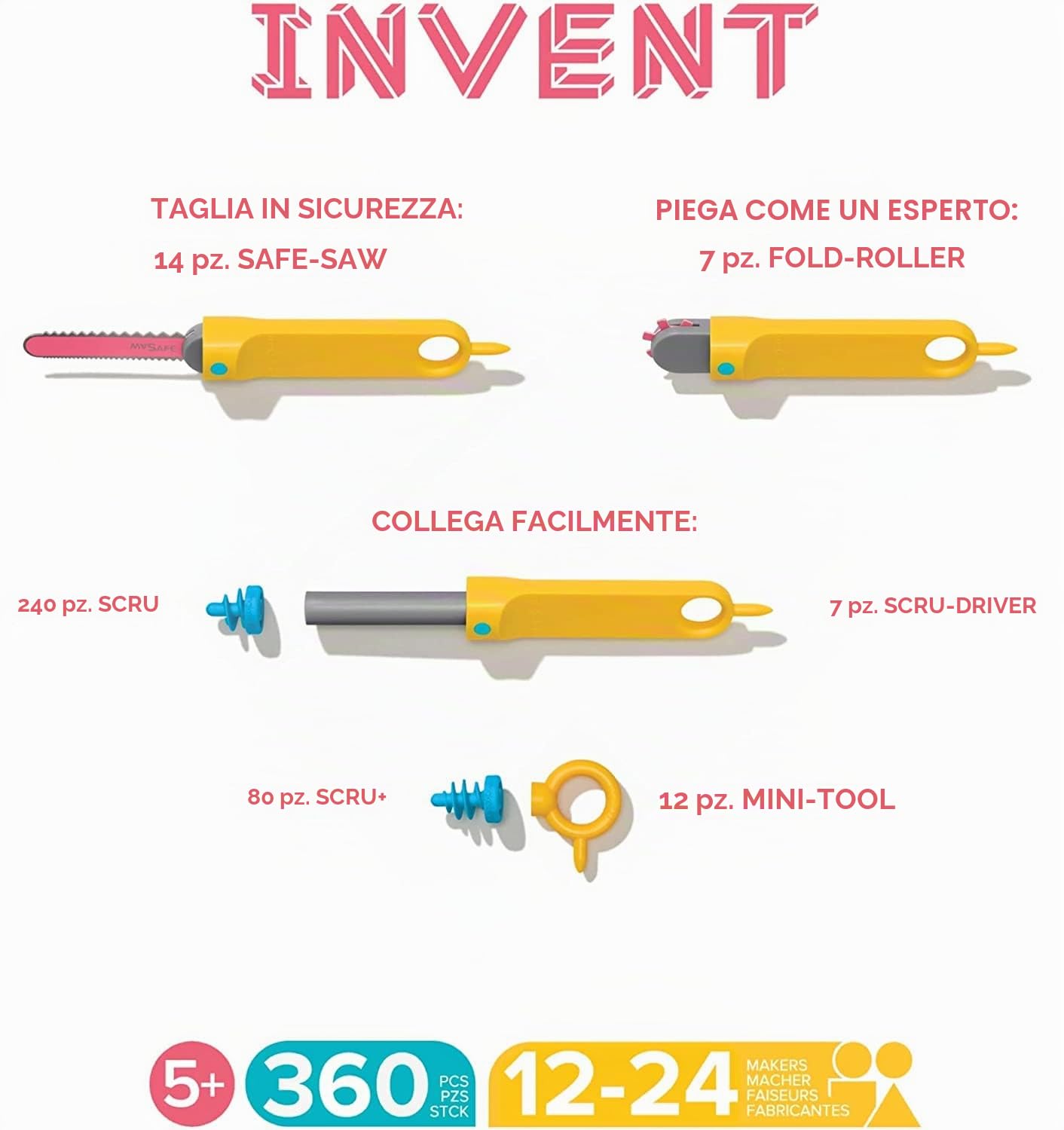 Makedo Invent, kit di attrezzi in cartone riciclato in grande cassetta degli attrezzi (360 pezzi), STEM + STEAM, giocattoli educativi per l'apprendimento in classe, strumenti riutilizzabili per