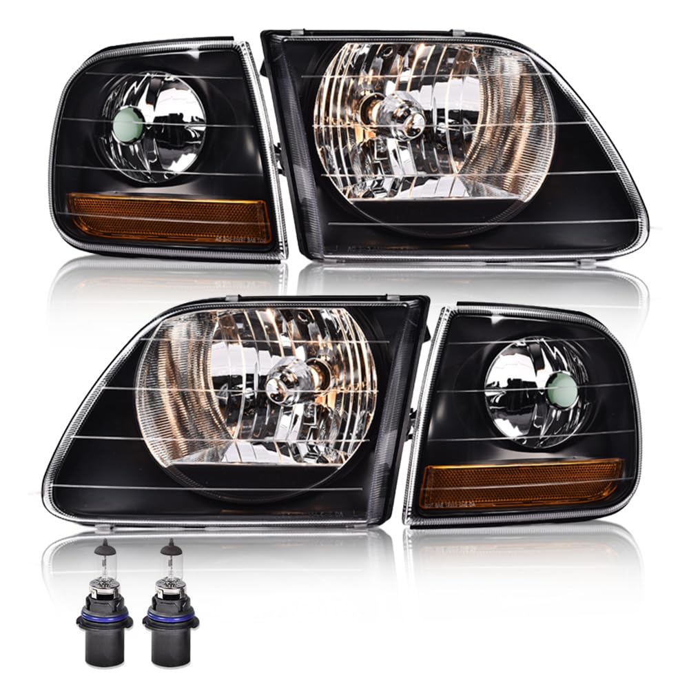 Headlights Assembly Compatible with 1997-2002 Ford Expedition/2004 F150 Heritage/1998-2003 F150 Truck/1997 F150 Truck Headlamp Clear lens Black Housing Amber Reflector