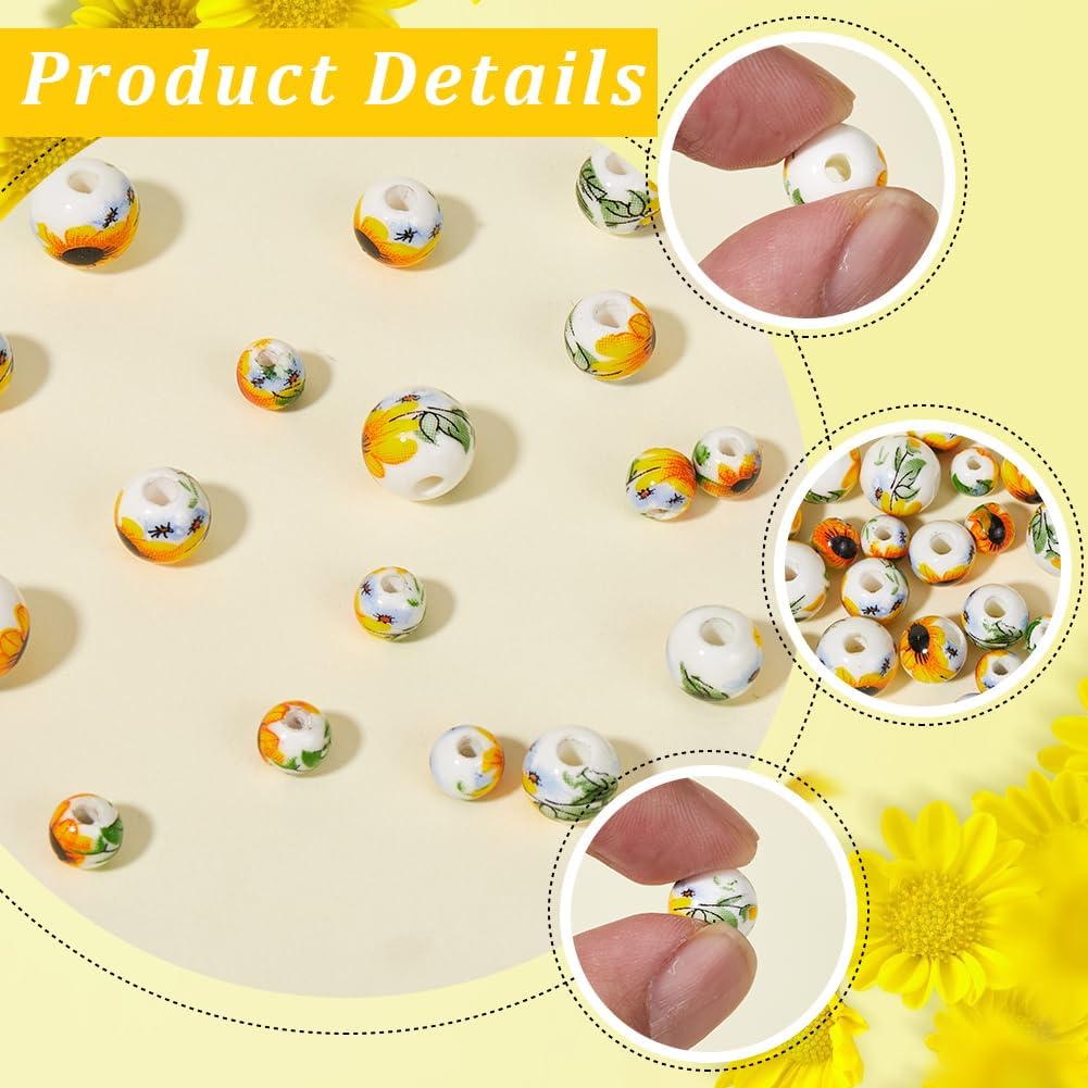 1 Box 100Pcs Ceramic Flower Beads Round Ceramic Beads Yellow Sunflower Porcelain 6mm 8mm 10mm Small Summer Floral Spacer Loose Bead for Jewelry Making Necklaces Bracelets Supplies DIY Crafts - Image 6