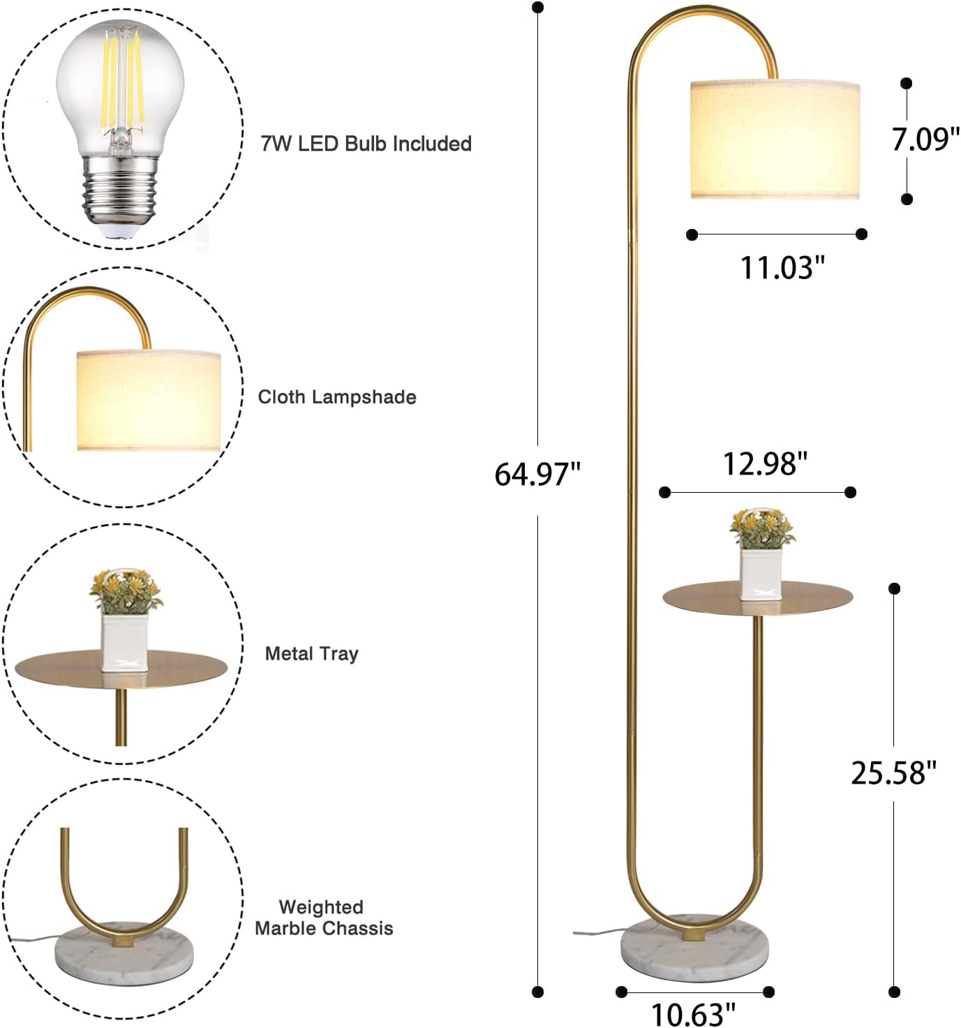 Hsyile KU300271 Arc Floor Lamp with Hanging Drum Shade for Living Room-Marble Base Modern Tall Stand Up Light with Table, Contemporary Over The Couch Gold Lamp Standing Lamps for Bedroom Office