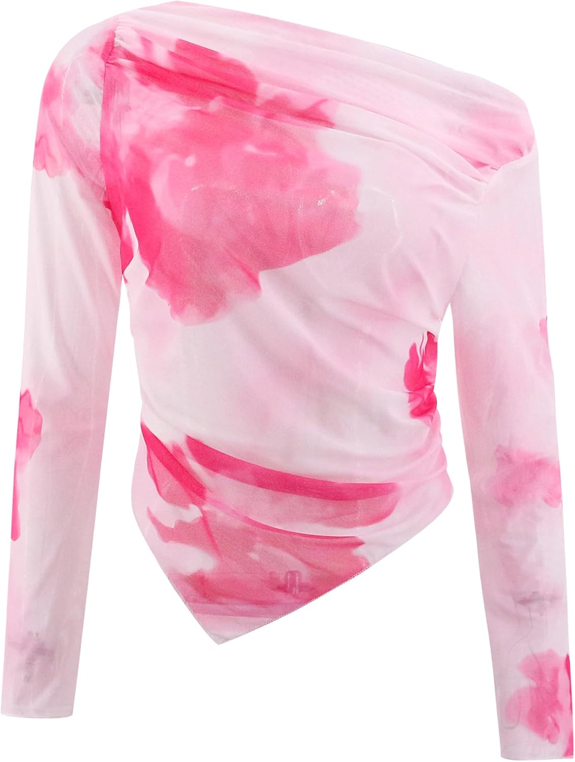 Segreto Women's Mesh Sheer T Shirt Gradient Tie-dye Long Sleeve Crop Tops Floral One Shoulder See Through Bodycon Blouse - Image 7