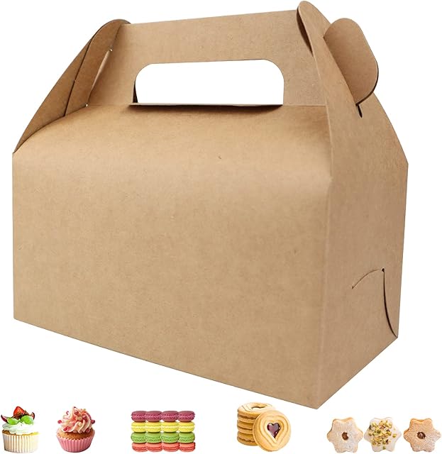 25 Pieces Party Favor Gable Boxes Brown Cookie Kraft Boxes Candy Treat Boxes Goodie Gift Boxes Party Boxes Takeaway Bakery Boxes for Birthday Wedding Baby Shower with Handle and Stickers by Gbateri