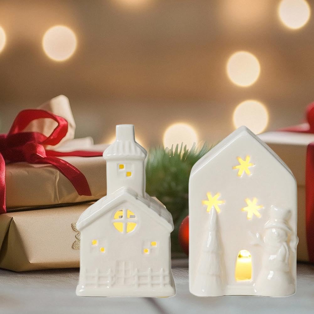 Juego de pueblo de Navidad, casas de pueblo de Navidad blancas con iluminación LED, figuras de Navidad en miniatura, adorno de escritorio, colección LED para decoración de estantes de mesa