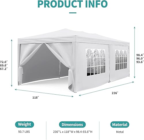 Miniatura 3 de TABU Tienda de campaña desplegable de 10 x 20 pies con paredes laterales y ventanas con cremallera, toldo portátil para exteriores, altura ajustable