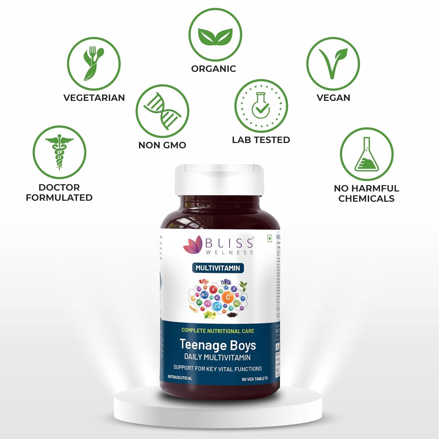 Bliss Wellness Multivitamin For Teenage Boy with Minerals, Brahmi, Shankpushpi, Ginkgo Biloba, Ginseng & Ashwagandha for Strength, Stamina, Immunity & Bone/Muscle Health - 60 Tablets Bliss Wellness Multivitamin For Teenage Boy with Minerals, Brahmi, Shankpushpi, Ginkgo Biloba, Ginseng & Ashwagandha for Strength, Stamina, Immunity & Bone/Muscle Health - 60 Tablets