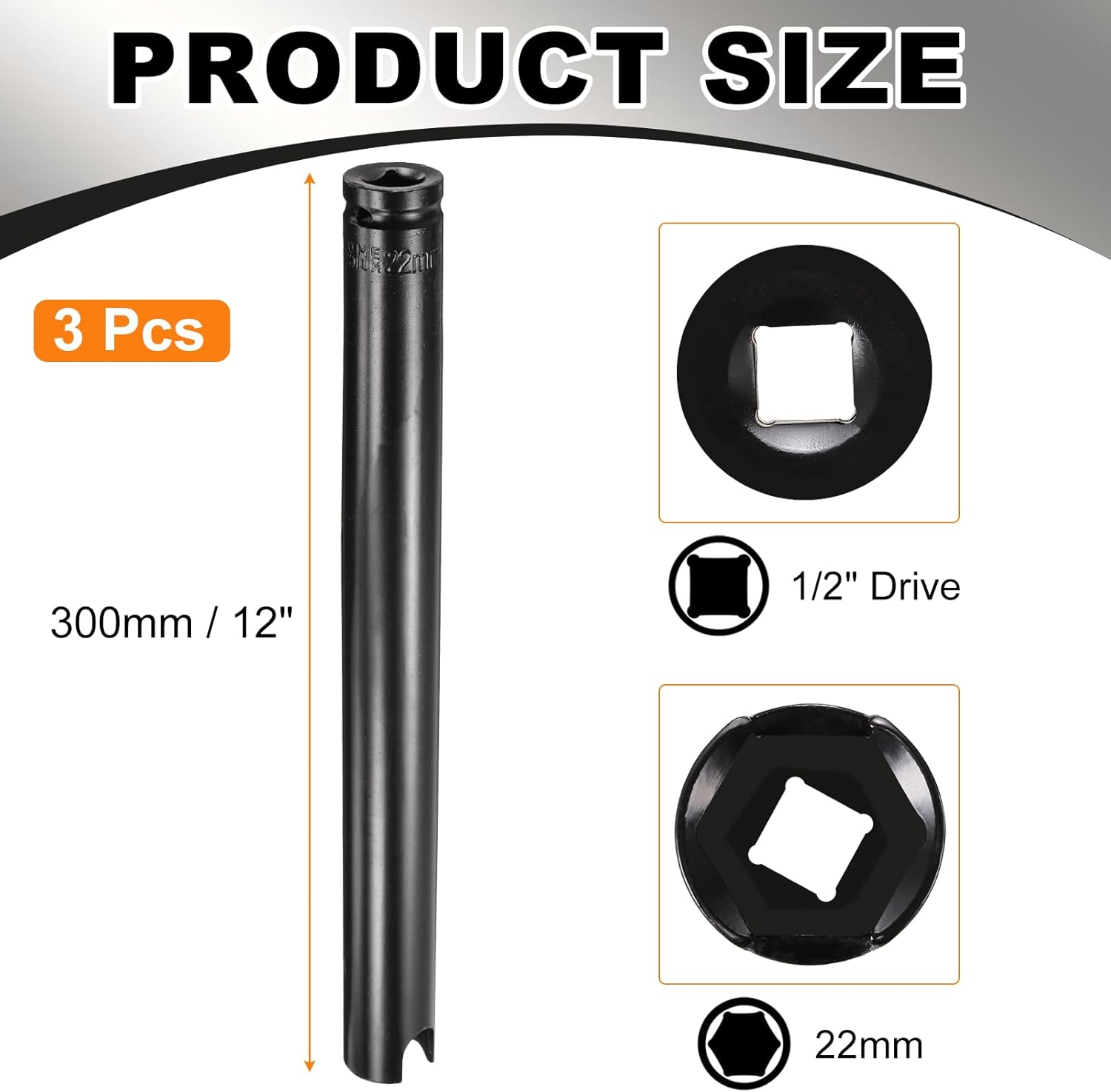 HARFINGTON 3pcs 6-Point Slotted Deep Impact Socket 1/2" Drive 22mm Metric Socket (11.6") 295mm Extra Long Heat-Treated 45# Steel for Home Auto Axle Hex Bolts Wing Nuts Repair, Black