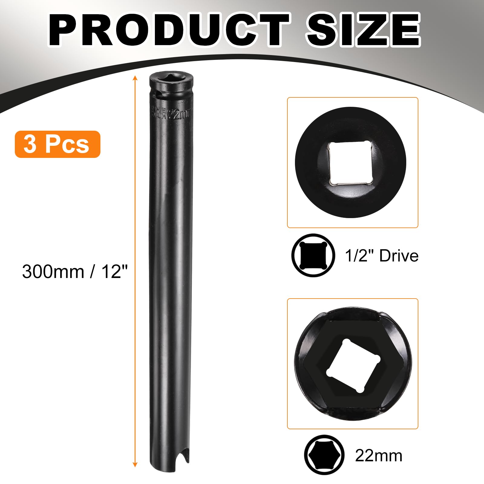 sourcing map 3 chiavi a bussola a 6 punte con intaglio da 1/2", attacco metrico da 22 mm, extra lunghe 295 mm, in acciaio 45# trattato termicamente, per riparazione di dadi ad alette e dadi ad alette