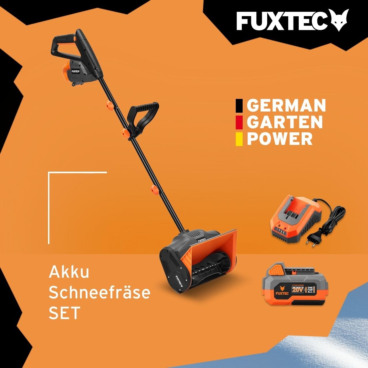 FUXTEC Akku Schneefräse FX-E1SCH20SET, 20V Schneeschaufel elektrisch inkl. 4Ah Akku & Ladegerät, 30cm Arbeitsbreite, 6m Auswurfweite, leichtgewichtig, ideal für Einfahrt, Gehweg, Terrasse