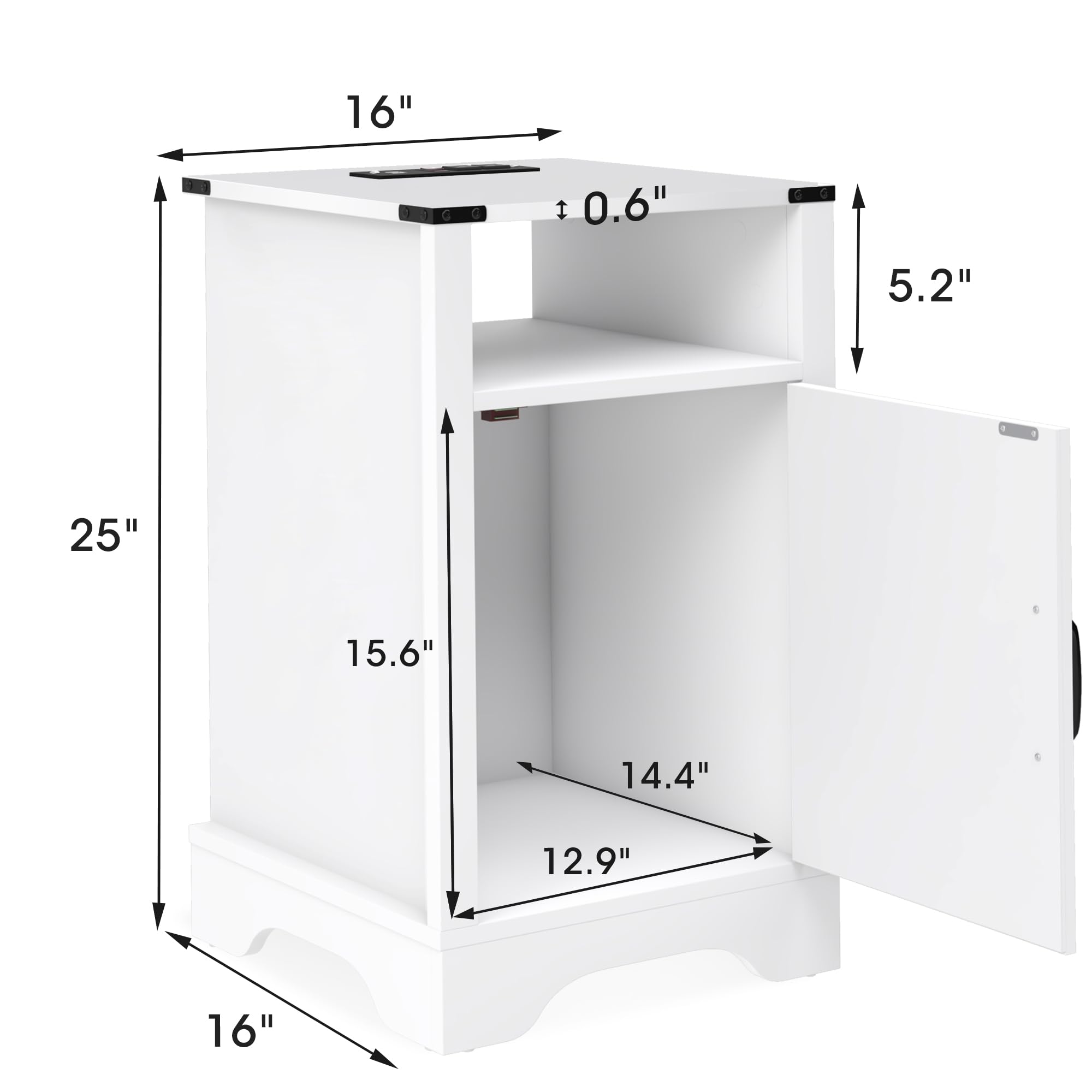 RoyalCraft Comodino alto con stazione di ricarica, tavolino bianco con contenitore, grande comodino rustico in legno per camera da letto, ufficio domestico, bianco