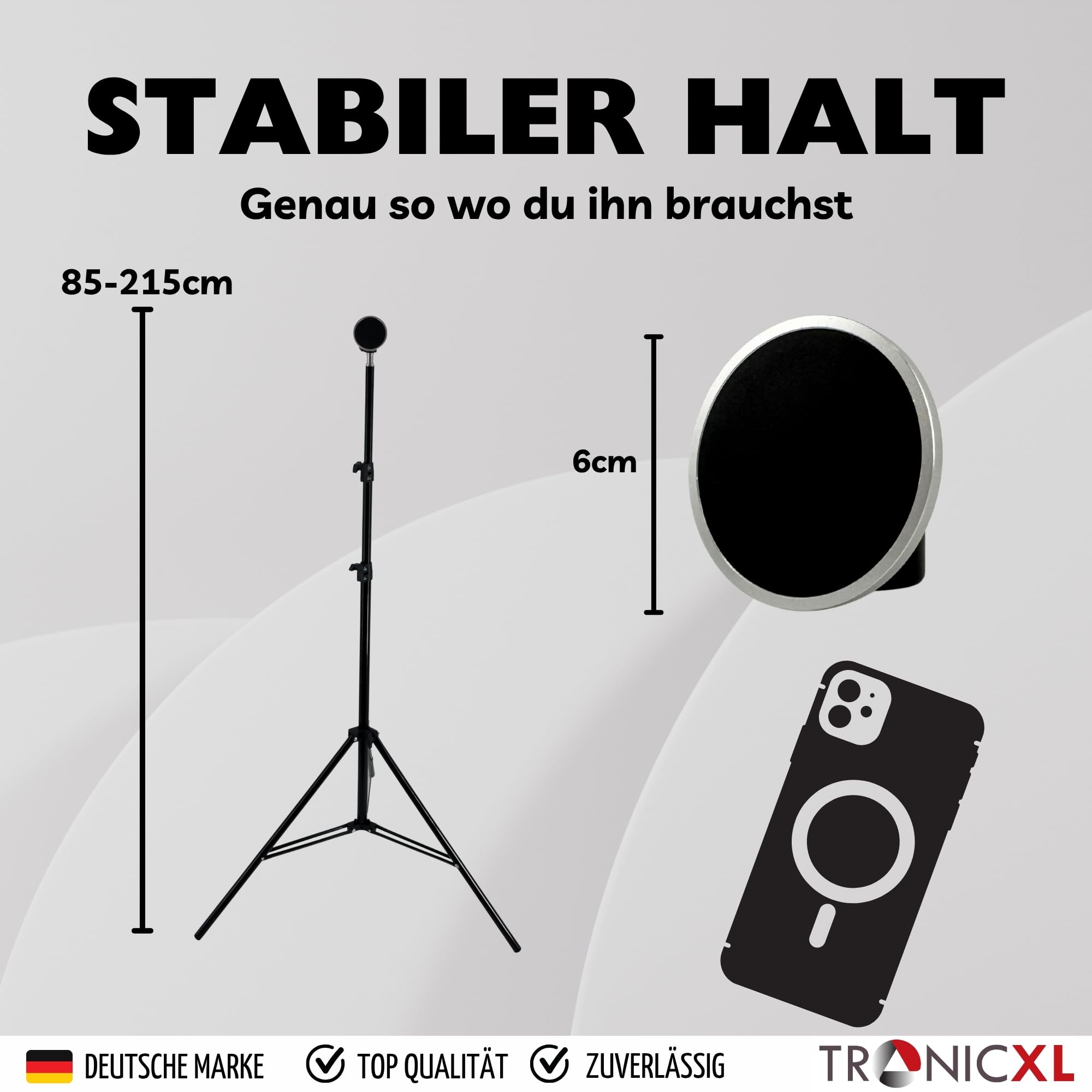 TronicXL Treppiede per cellulare grande 210 cm con supporto magnetico e autoscatto, compatibile con Apple Magsafe iPhone Samsung Smartphone Tripod treppiede alto supporto per cellulare Bluetooth