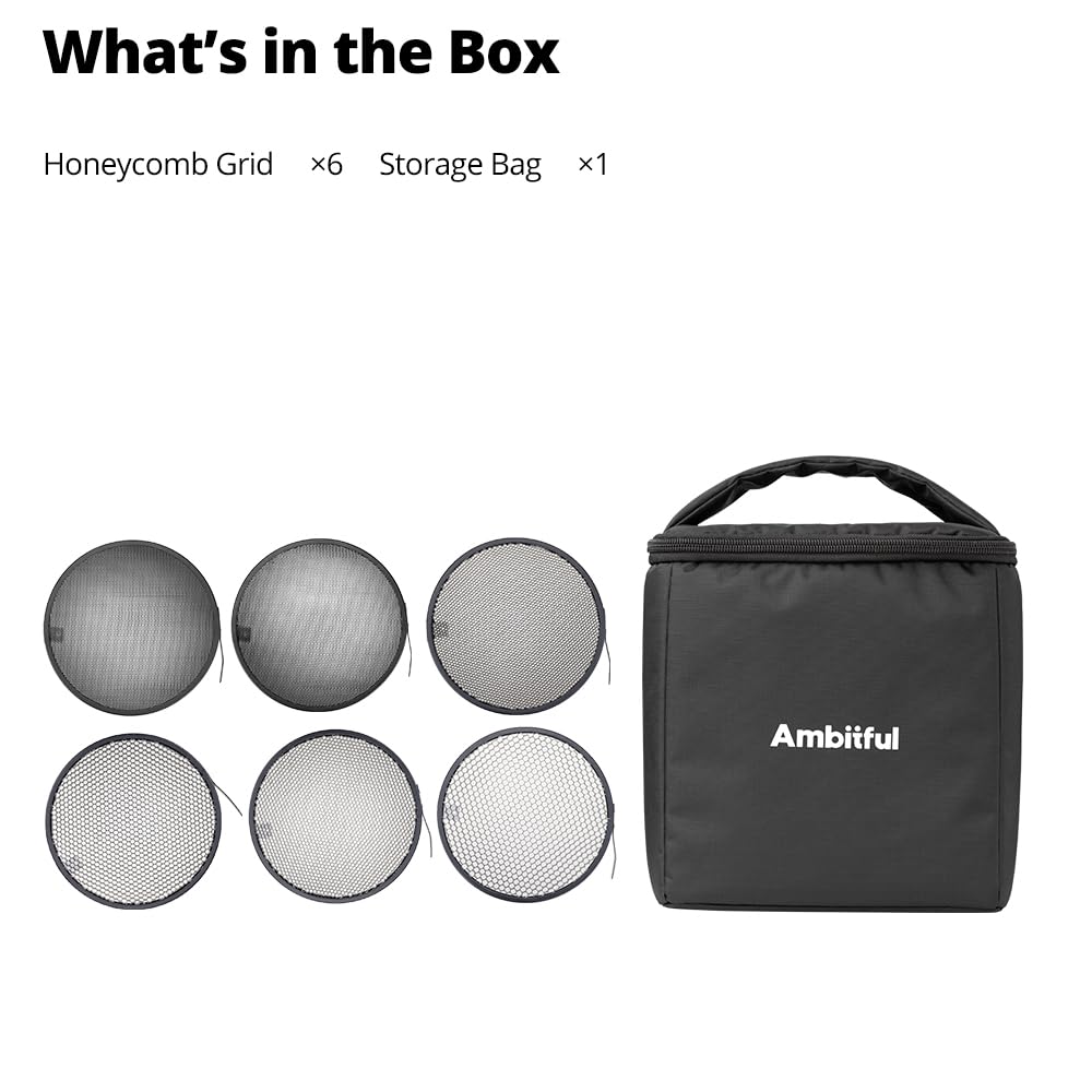 AMBITFUL HC-06 Kit de nid d'abeil - 6 pièces 10°/20°/30°/40°/50°60° Standard réflecteur nid d'abeil (6.69 pouces/17cm) avec Sac Protecteur Compatible avec 7'' Standard réflecteur