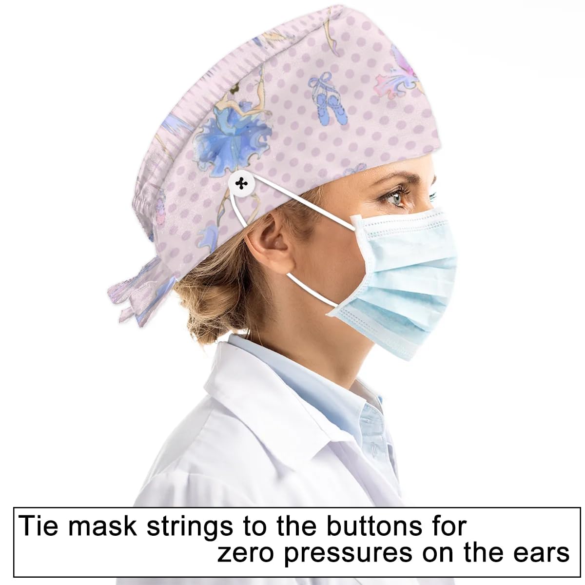 Mularoka Polka Dot Ballet Working Caps with Button Sweatband Comfortable Adjustable Bouffant Hats Work Hat for Women Men