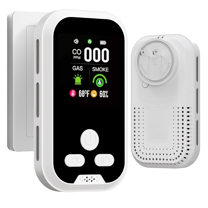 多合一插电型一氧化碳报警器（含烟雾气体检测器）带内置电池和高清显示屏