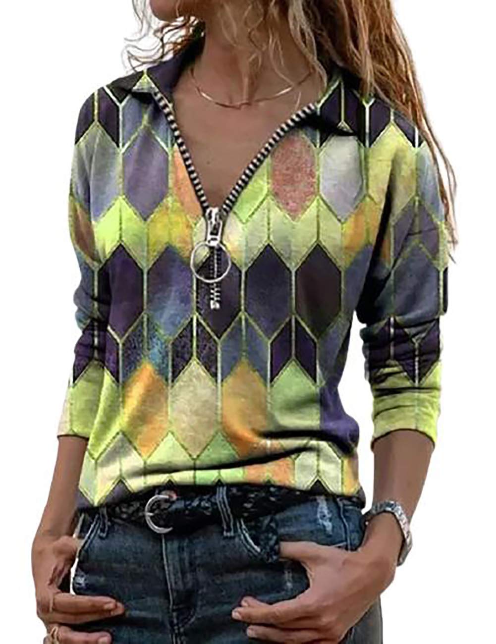 Boutiquefeel Women's Fashion Abstract Print Blouse V-Neck Long Sleeve Tops Zipper Design Ladies Casual Blouses Shirts