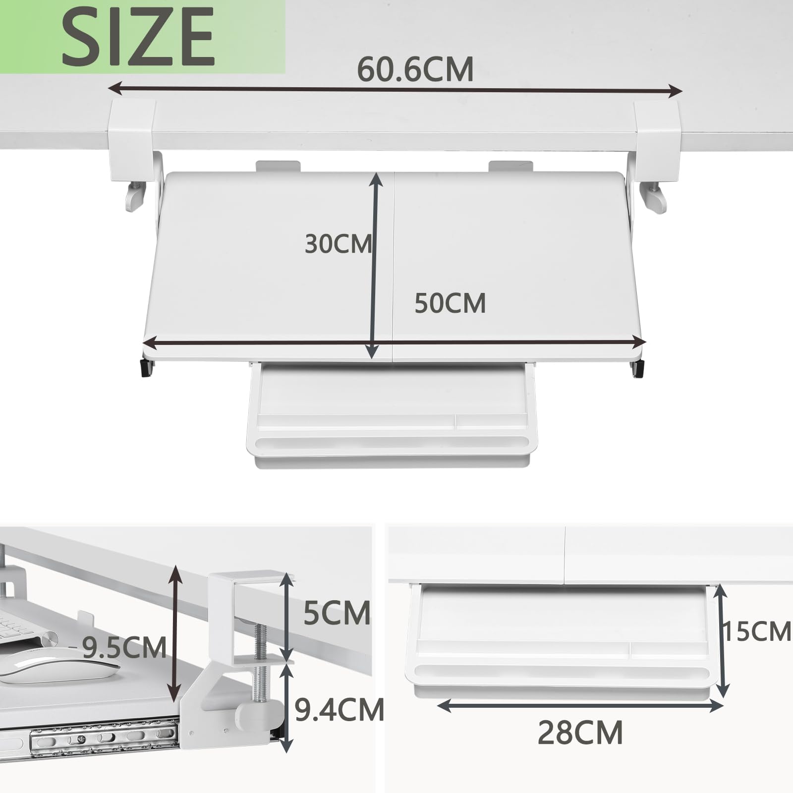 ETHU Bandeja para Teclado Bajo Mesa, Soporte para Teclado 500x300 mm con Abrazadera en C, Bandeja Teclado Deslizante y Ergonómica, Blanco