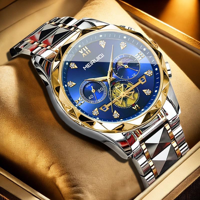 Men's Luxury Watch, Two-Tone Stainless Steel Band, Blue Dial with Gold Accents, Chronograph
