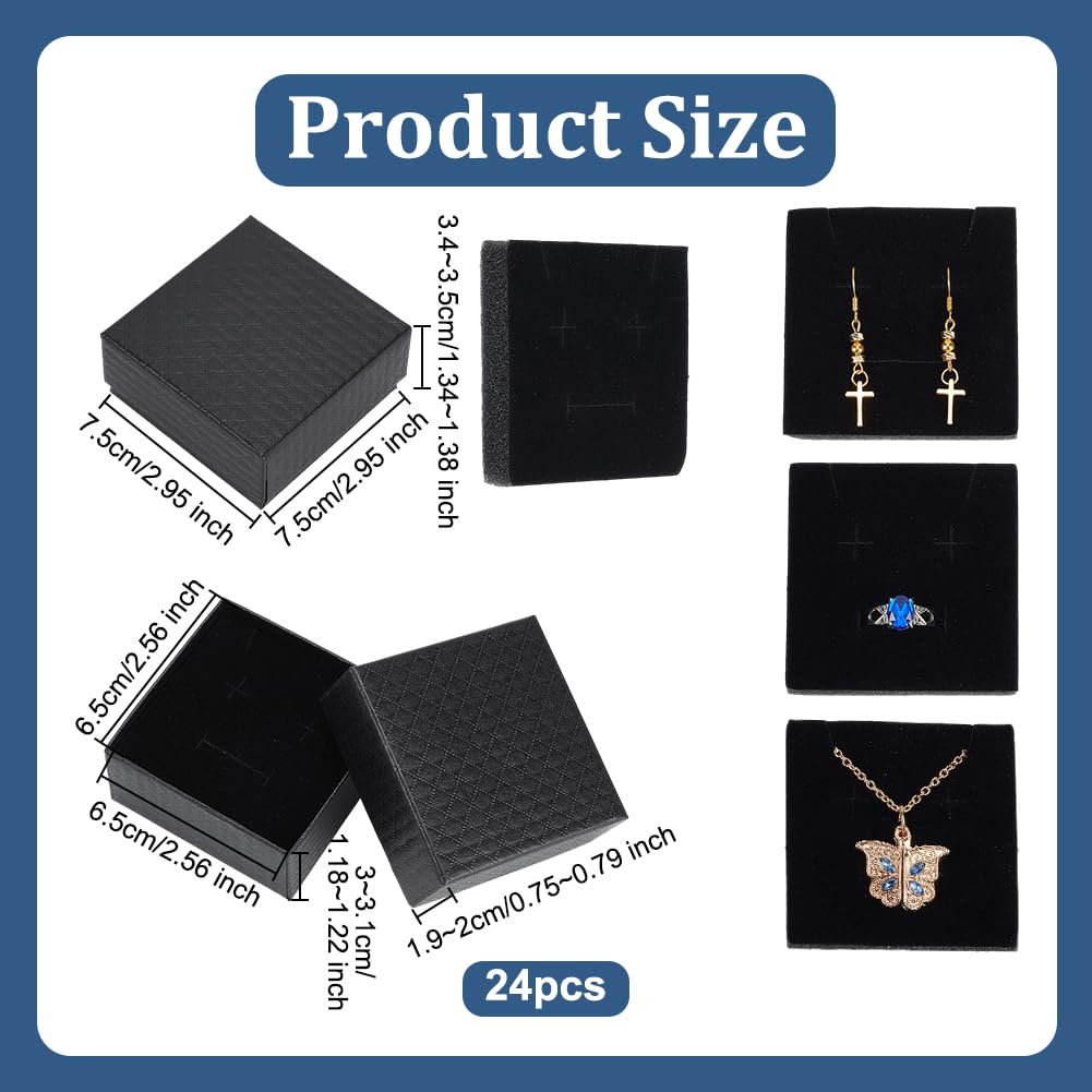 OLYCRAFT Lot de 24 boîtes à bijoux carrées modernes en carton avec intérieur éponge pour boucles d'oreilles, colliers, bijoux - 7,6 x 7,6 x 3,6 cm - Noir