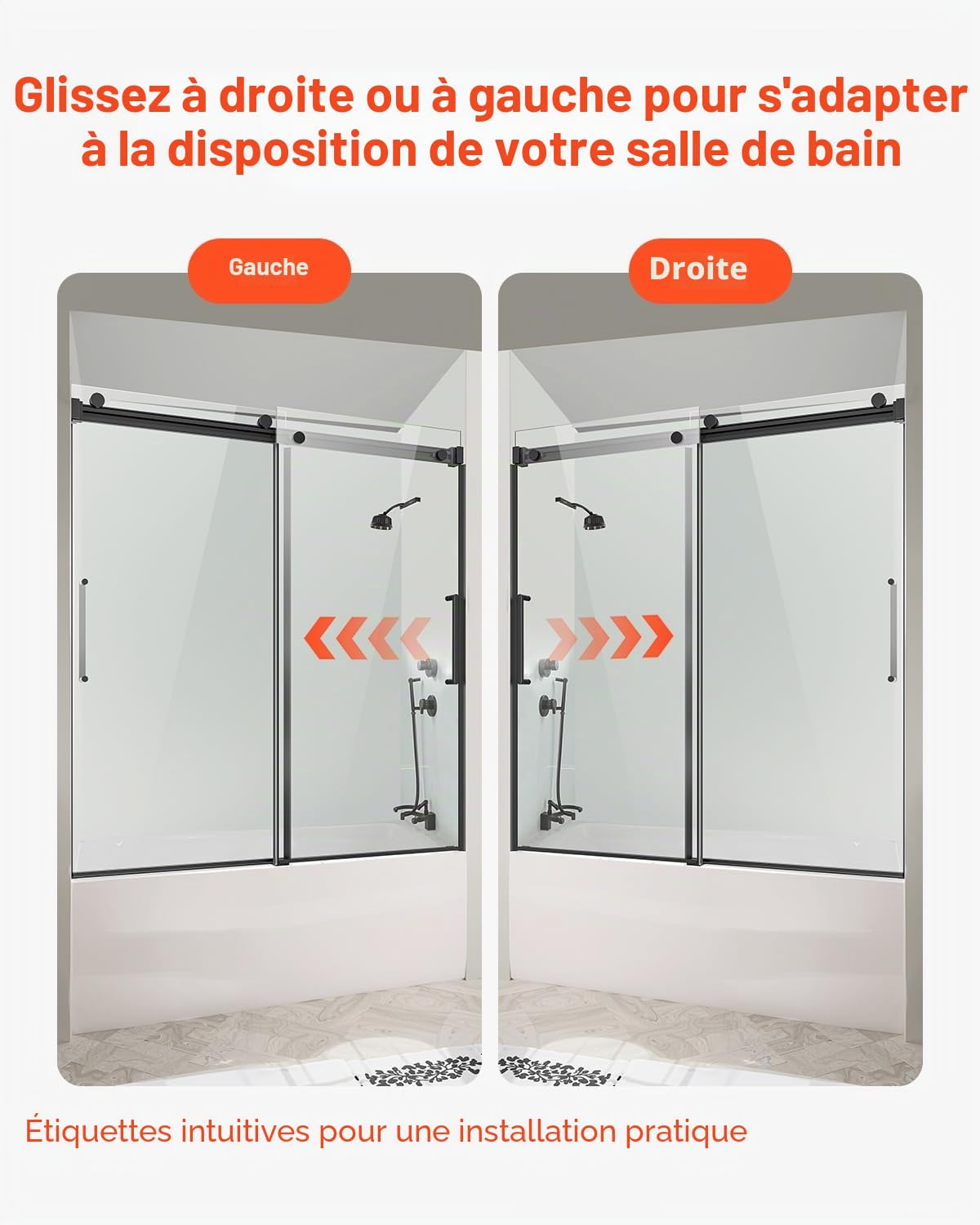 VEVOR Porte de Baignoire-douche sans Cadre 1422-1524x1524 mm, Pare-baignoire Coulissante Double, avec Verre Trempé Transparent de 8 mm et Poignée en Acier Inoxydable, pour Salle de bain, Noir
