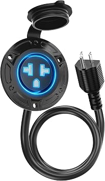 20A 125V AC Port Plug,12AWG Heavy-Duty Integrated Outdoor Electrical Receptacle with 5-in-1 T-Blade Adapter & 20 Extension Cord,Waterproof AC Power Inlet Socket Outlet Box RV Shore Power Inlet Plug