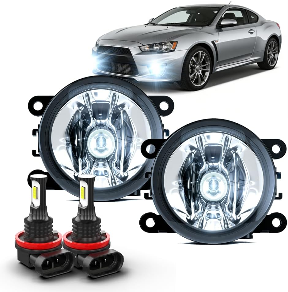 LED Fog Lights Assembly for Mitsubishi Eclipse 2006-2012 & Endeavor 2006-2011, 3.5" Round Clear Lens,Equipped with 6000K Pure White LED Bulbs, Driver & Passenger Side Fog Lamps（4-Pack） (White)