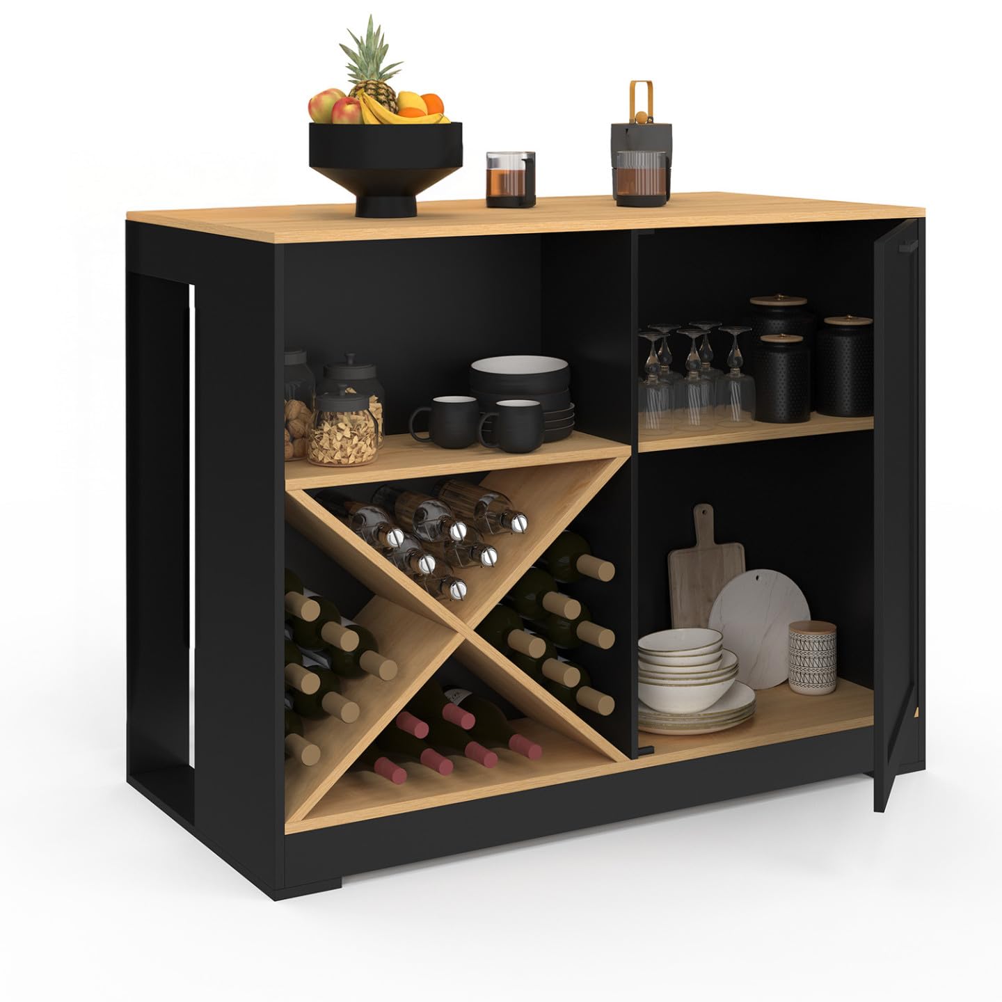 IDMarket - Table de Bar îlot VITO 113 cm avec Range Bouteilles Bois Noir et Plateau façon hêtre