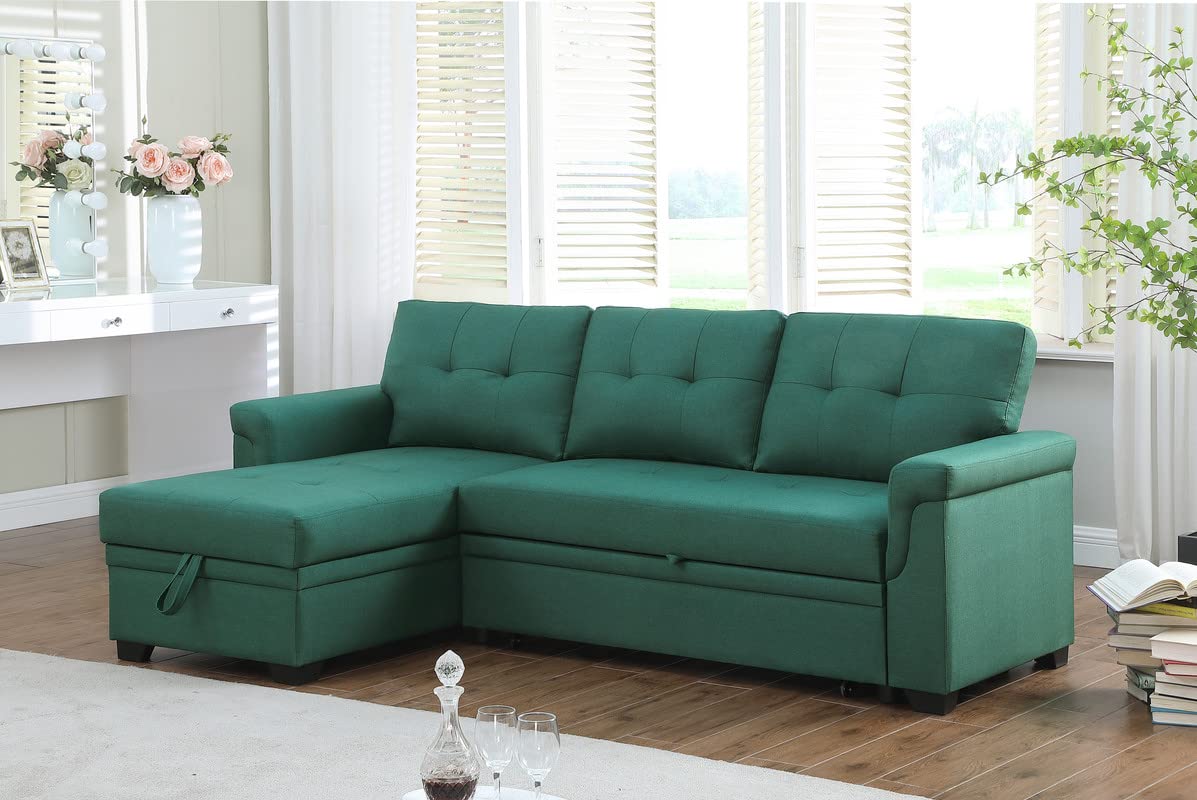 84 Green Linen Reversible Sleeper Sectional Sofa with Storage Chaise