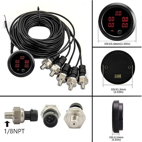 Miniatura 2 de ZHSYMX Kit de manómetro de presión de aire de cinco pantallas de 290 PSI, para sistemas de suspensión Air Ride -2 pulgadas 0-290PSI con 5 sensores