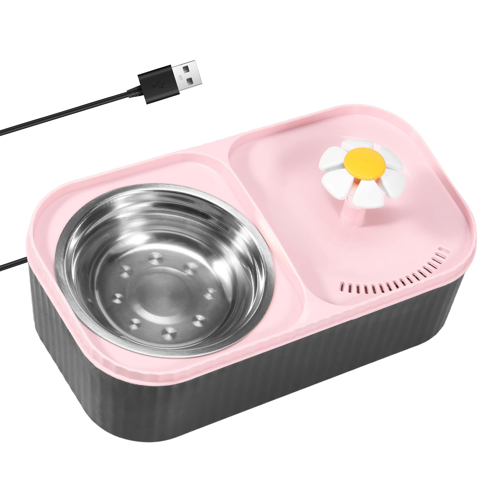 Cat Water Fountain and Food Bowl, 3L/101oz Ultra Quiet Automatic Pet Water Dispenser with Quadruple Filtration System, Stainless Steel Bowl & Smart Pump for Multiple Pets (Rose, 12.2*6.69*4.33 in)