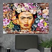 SIGNWIN Framed Canvas Wall Art Mexican Painter Frida Kahlo with Flowers Graffiti & Street Art Famous People Pop Art Modern Urban Multicolor for Living Room, Bedroom, Office - 12x18 inches