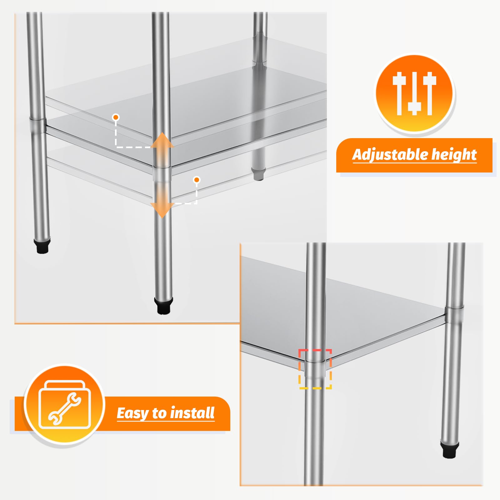 TAIMIKO Mesa de trabajo de acero inoxidable, mesa de preparación de alimentos comercial resistente con estante inferior ajustable, carga hasta 300 kg, trabajo comercial, playa, restaurante, cocina