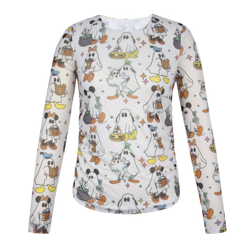 Image of Halloween Shirt Women Spooky Season See Through Mesh Long Sleeve Top