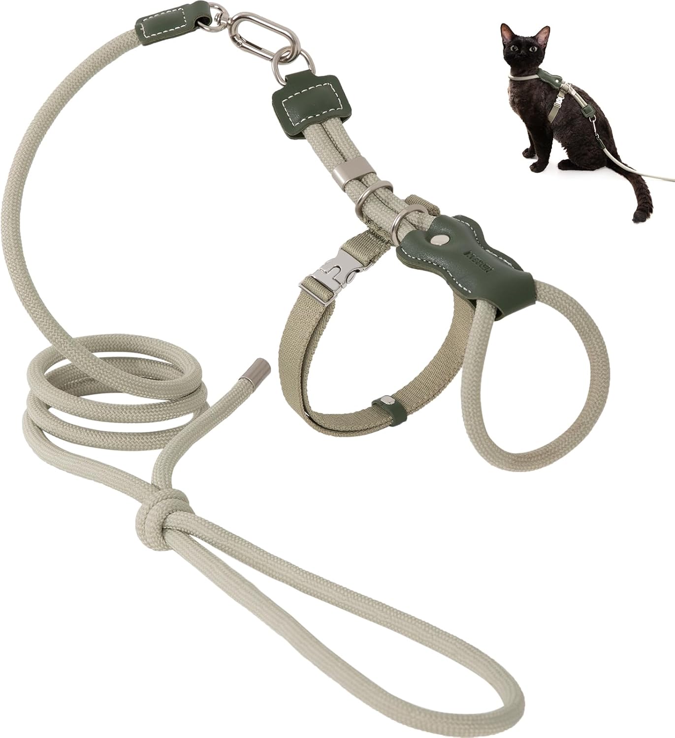 ETIAL Premium Adjustable Escape-Proof Cat Harness & Leash Set with Leather Sliding Back, 4.3ft Nylon Rope, Cross-Strap, Heavy-Duty Buckles for Secure Walking (Olive Green, Back Length 3.5”-4.7”)