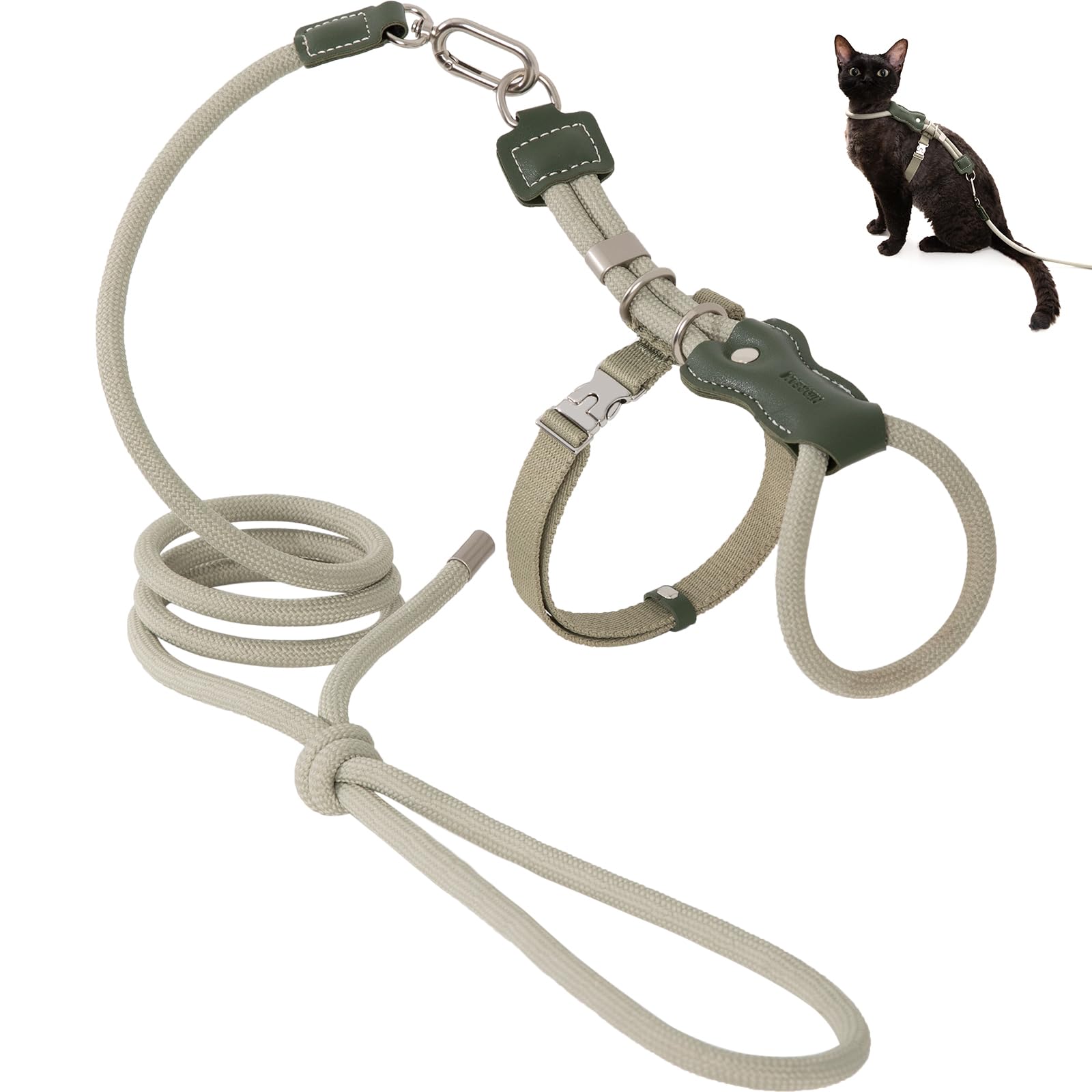 ETIAL Hochwertiges, verstellbares, ausbruchsicheres Katzengeschirr und Leine, Set mit Lederschieberücken, 1,3 m Nylonseil, Kreuzgurt, robuste Schnallen für sicheres Gehen, Olivgrün, Rückenlänge 8,9 cm