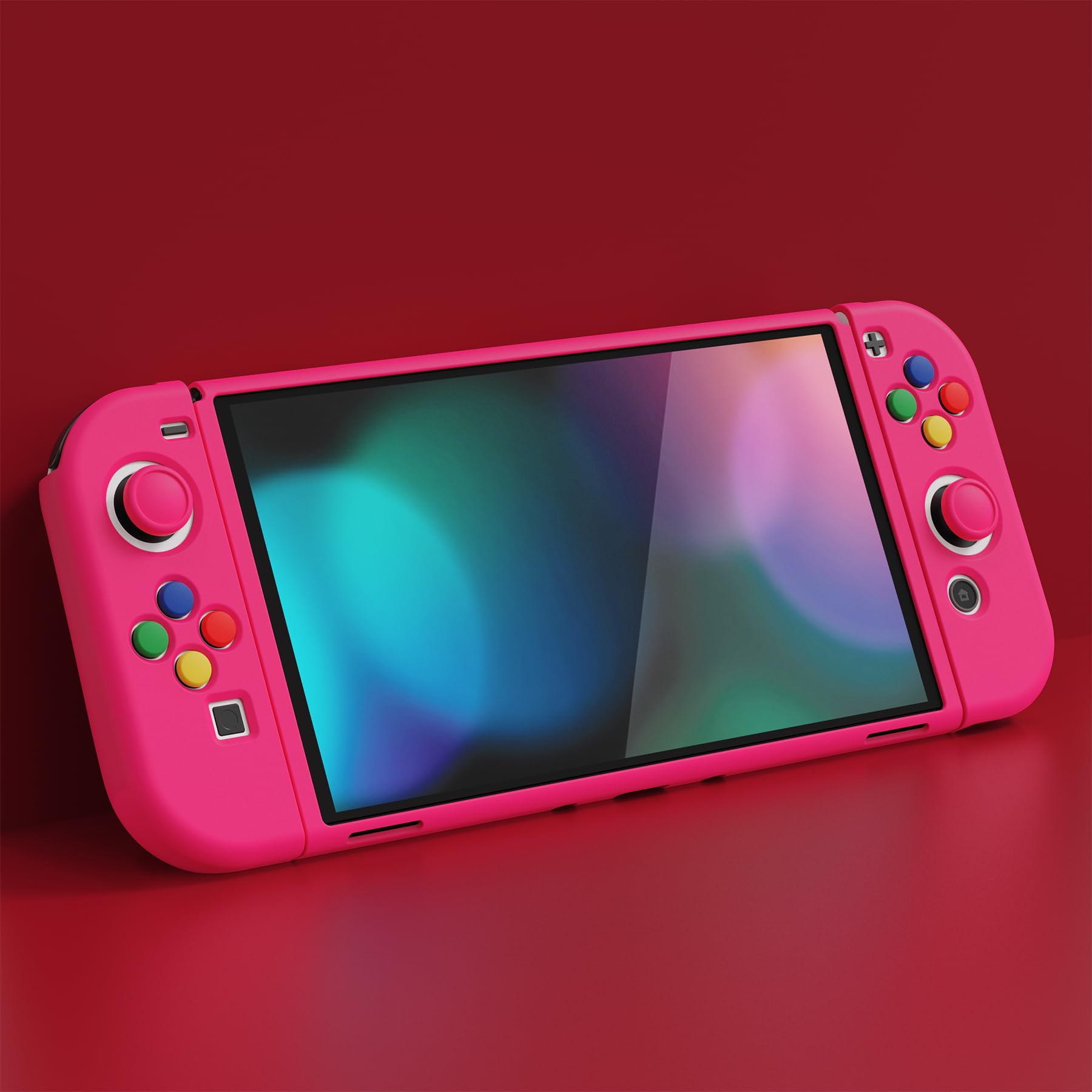 playvital ZealProtect Soft Protective Case for Nintendo Switch OLED, Flexible Protector Joycon Grip Cover for Switch OLED with Thumb Grip Caps & ABXY Direction Button Caps - Bright Pink — view 3