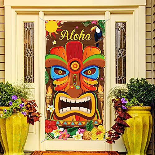 Aloha Door Cover Tiki Wall Hanging Decor for Summer Aloha Luau Party Front Door Banner Porch Sign for Indoor Outdoor