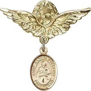 14kt Yellow Gold Baby Badge with St. Gabriel Possenti Charm and Angel w/Wings Badge Pin 1 1/8 X 1 1/8 inches