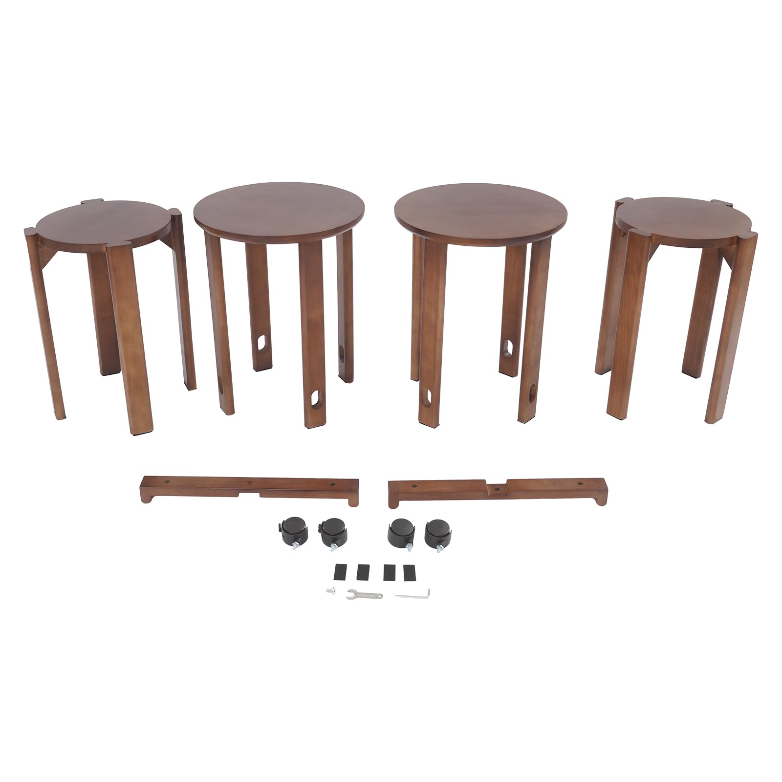Set di 4 sgabelli impilabili in legno con ruote, per sala da pranzo, comodino rotondo, sgabello da balcone, per cucina, camera da letto, soggiorno (colore noce)