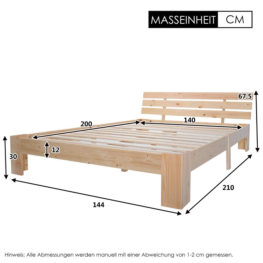 Cama de matrimonio de madera con cabecero con somier, 200 x 140 cm, madera maciza, cama doble utilizable como cama de pino (natural)